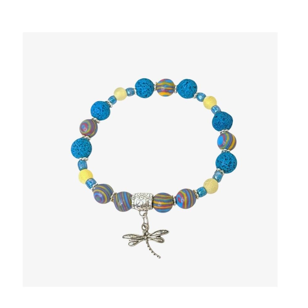 Diffuser Beaded Bracelet Blue Lava Stones Picasso Jasper Dragonfly Charm Stretch